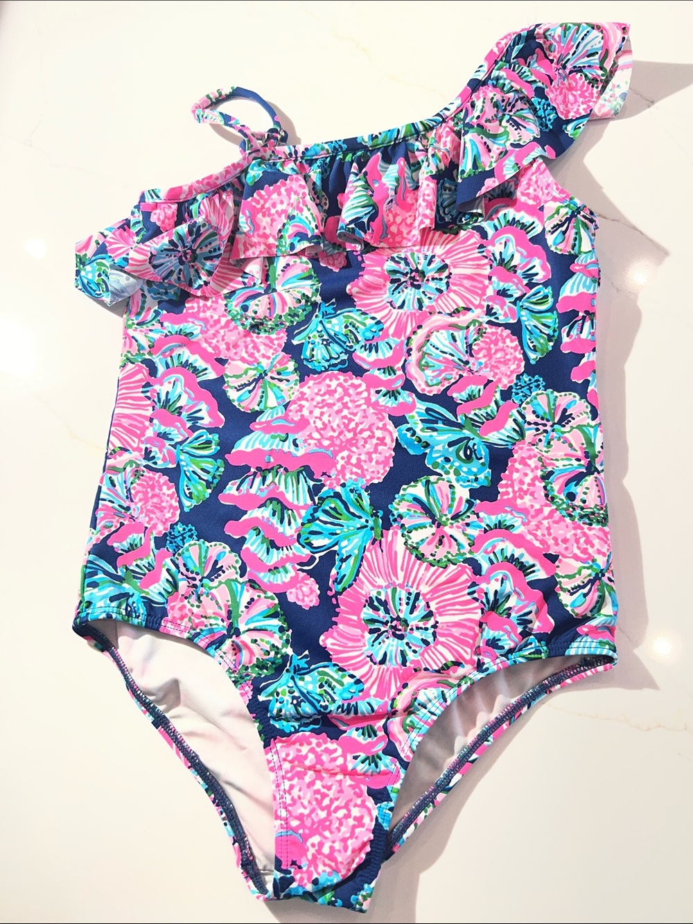 Lilly Pulitzer Girls One-Shoulder Ruffle Swimsuit - Pink, Blue & Green Floral